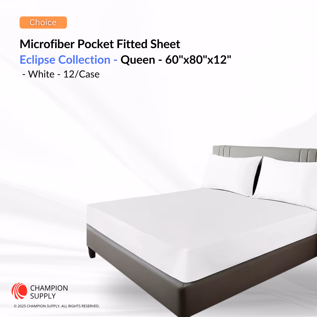 Choice Hotels Eclipse Collection Microfiber Queen Pocket Fitted Sheet – 60" x 80" x 12", White, Case of 24